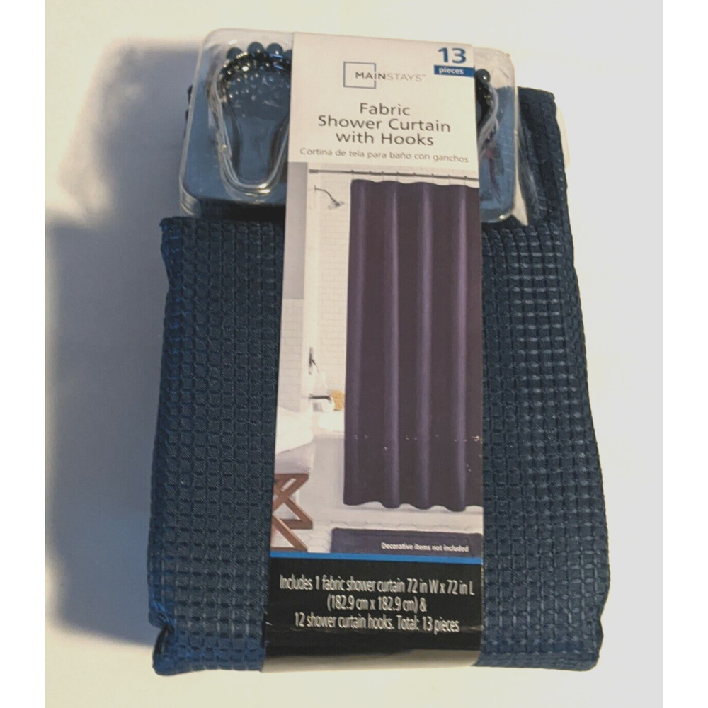 Mainstays Fabric Shower Curtain with Hooks Blue Cove Waffle 13 Pieces
